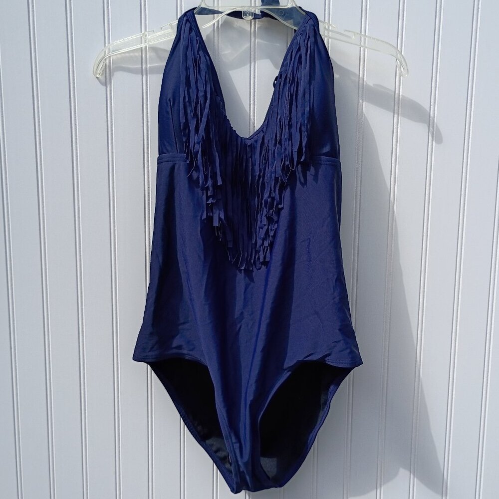 One Piece Fringe Swimsuit Womens XL Navy Blue Grand Everest Enjoy Sunshine ETS